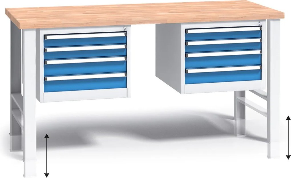 Výškovo nastaviteľný pracovný stôl do dielne G3 s 2 závesnými boxami na náradie, buková škárovka, 8 zásuviek, 1700 x 685 x 840 - 1050 mm, modrá