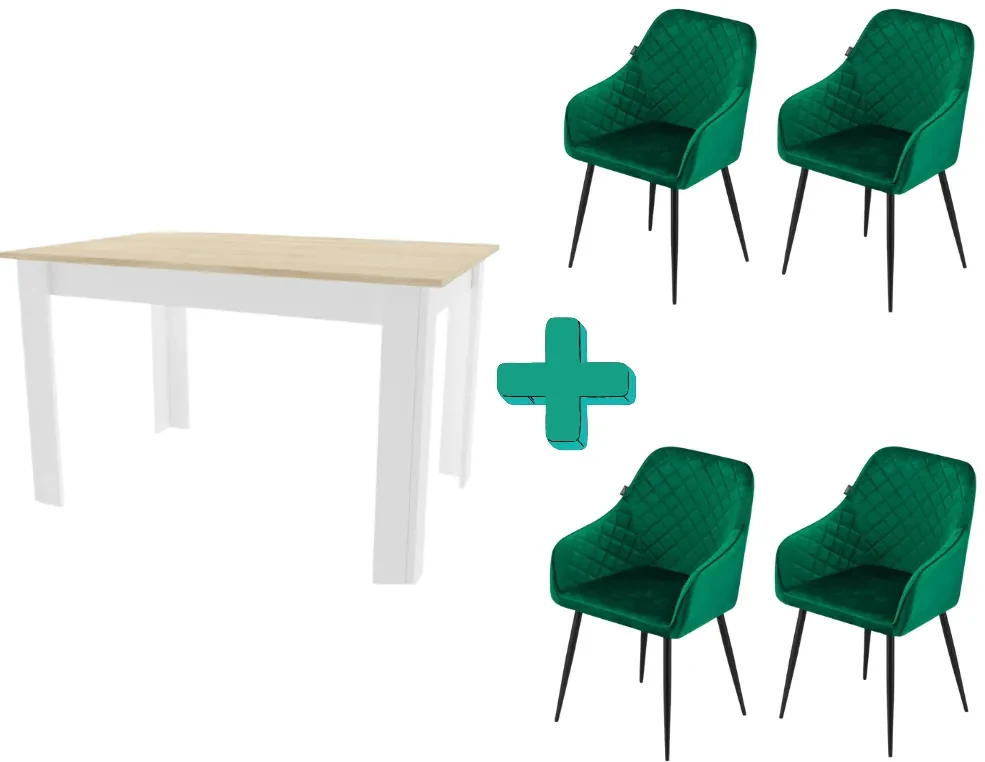 Jedálenský set 1+4, biely stôl v dekore dub sonoma MADO 120x80cm a zelené zamatové jedálenské kreslo NUGAT