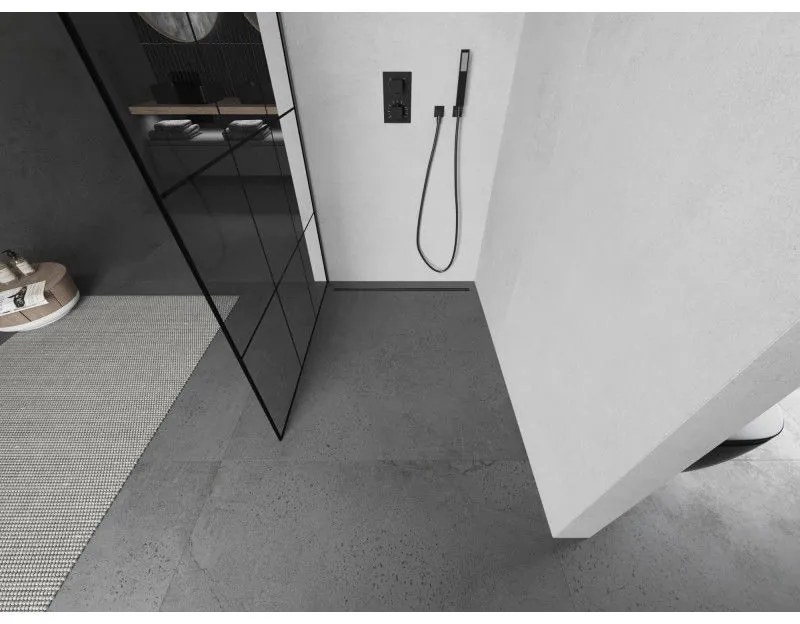 Mexen Kioto, sprchová zástena Walk-In 100 x 200 cm, 8mm číre sklo čierny vzor, grafitový profil, 800-100-101-95-77