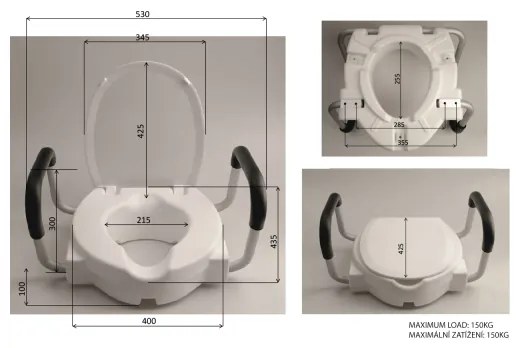 Ridder - Zvýšené WC sedadlo s madlami, biele