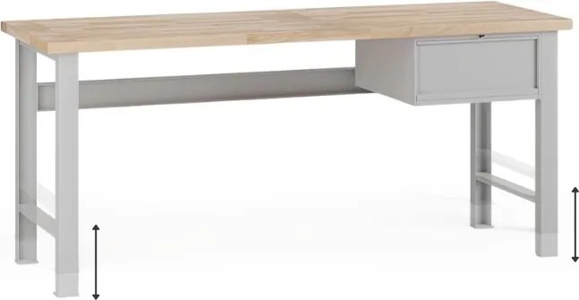 Výškovo nastaviteľný dielenský stôl G7, buková škárovka, 2000 x 800 x 840-1040 mm, 1x kontajner, 1 zásuvka, sivá