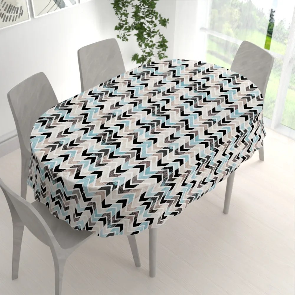Biante Dekoračný oválny obrus Leona LN-061 Tyrkysovo-čierne cik cak pásiky 130x160 cm