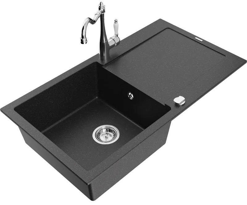 Mexen Leo, granitový drez 900x500x190 mm, 1-komorový a drezová batéria Carla, čierna-strieborná metalíza, 6501-73-670700-00