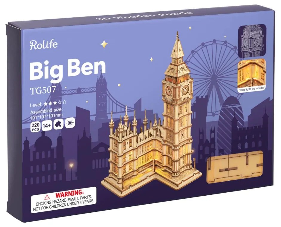 Robotime Rolife Svietiaci 3D drevené puzzle Big Ben 220 ks