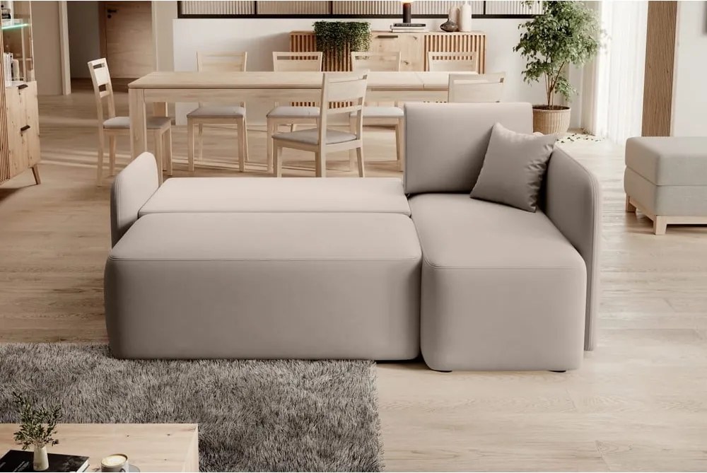 Béžová zamatová rozkladacia/s úložným priestorom rohová pohovka (pravý roh/s leňoškou) Hadson – ELTAP