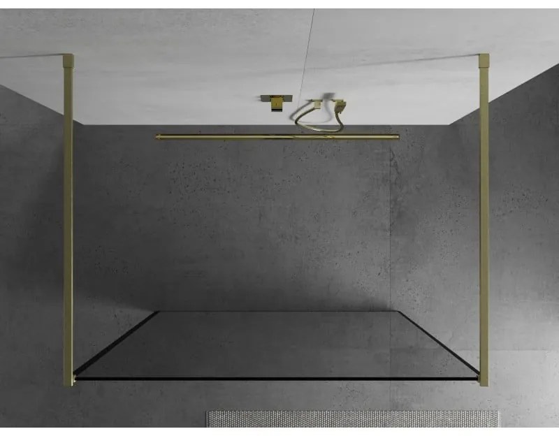 Mexen Kioto, sprchová zástena Walk-In 100 x 200 cm, 8mm sklo čierny vzor, zlatý matný profil, 800-100-002-55-70