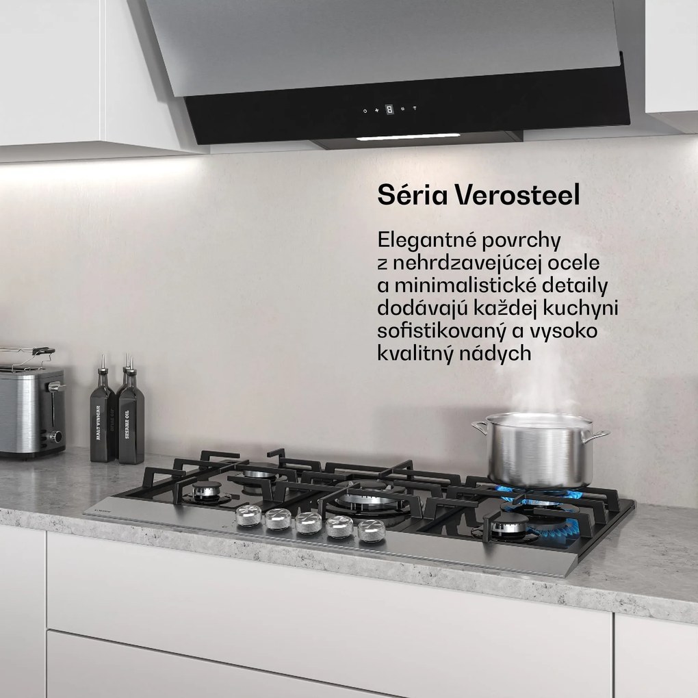 Klarstein Verosteel plynová varná doska, 5 horákov, Elektrické zapalovanie, Kompatibilná s zemným plynom a LPG, 10400W, 90cm