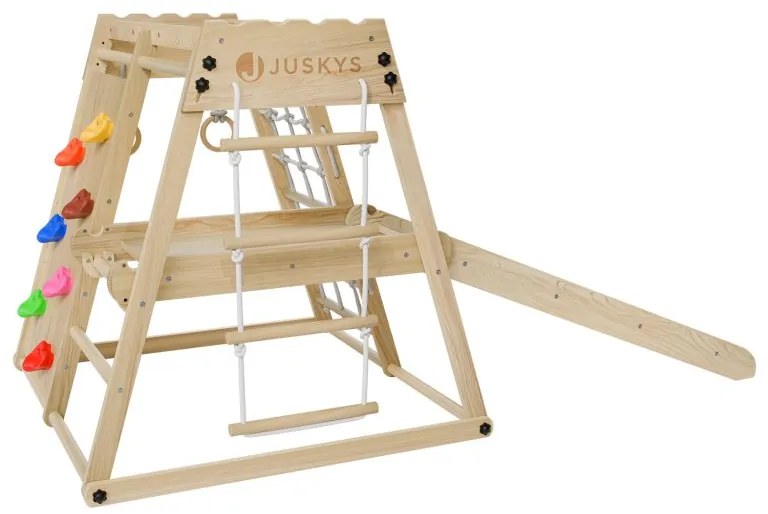 Detské vnútorné drevené ihrisko so šmykľavkou, lezeckou sten