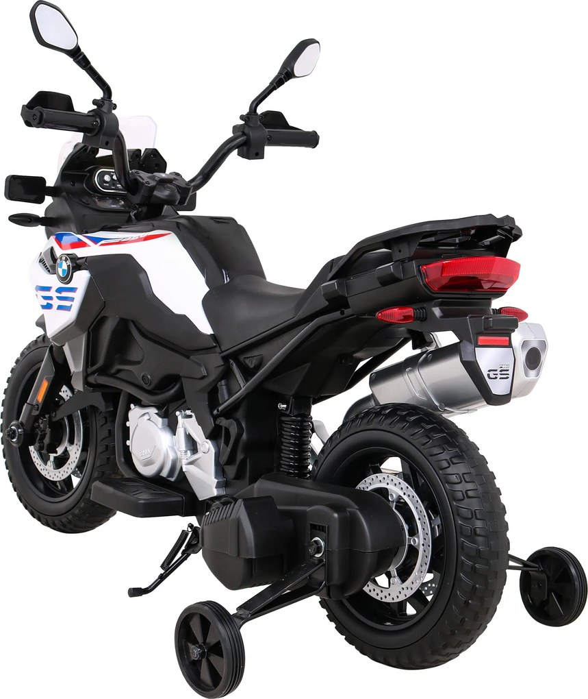 Ramiz Detský motocykel na batérie BMW F850 GS biely + pomocné kolieska + audio LED + pomalý štart + EVA