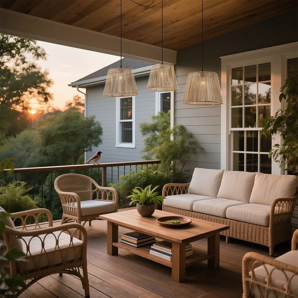 Vonkajšie závesné svietidlo čierne s béžovými lanovými tienidlami 3-svetelné IP44 - Cava Jayla