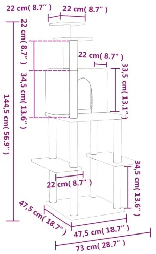 vidaXL Škrabadlo pre mačky so sisalovými stĺpikmi krémové 144,5 cm-