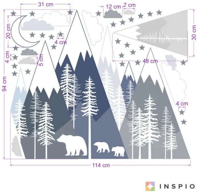 Nálepky na stenu - Hory a medvedia rodinka