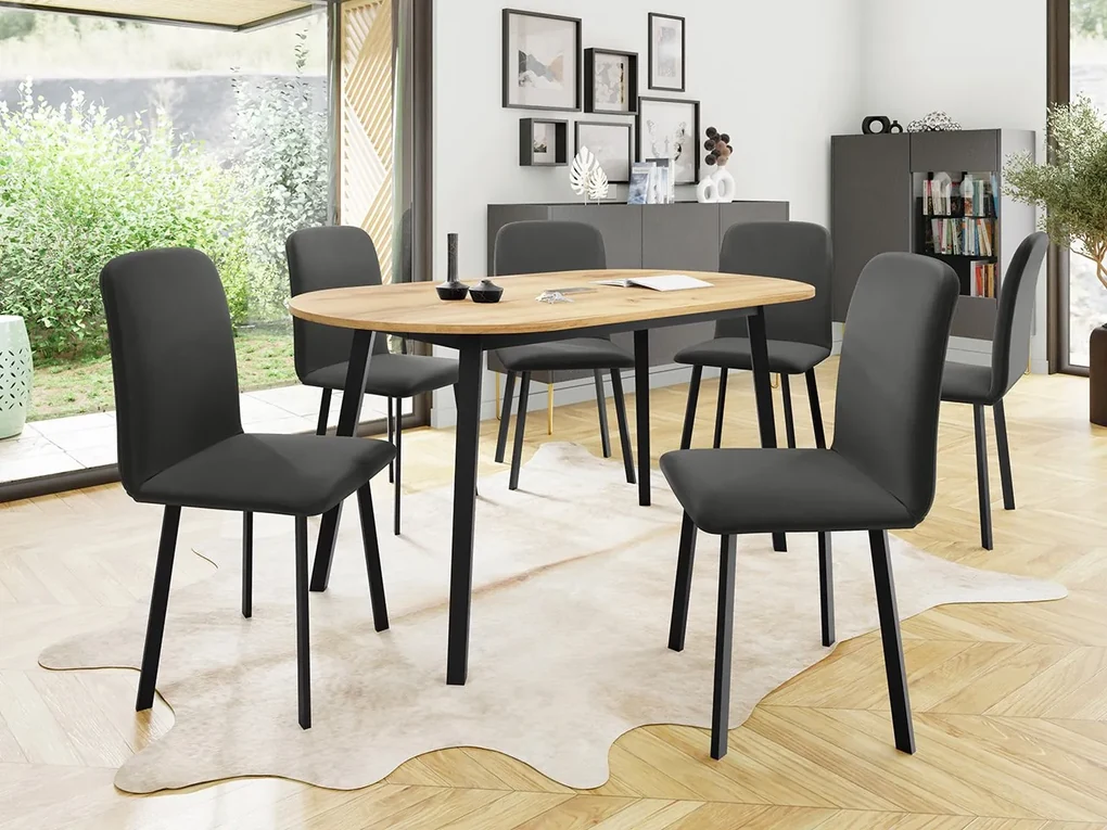Jedálensky set Zerimo S 150x80 so 6 stoličkami Lekoz, Farby:: Amor Velvet 4321, Farby:: dub kraft zlatý / čierna