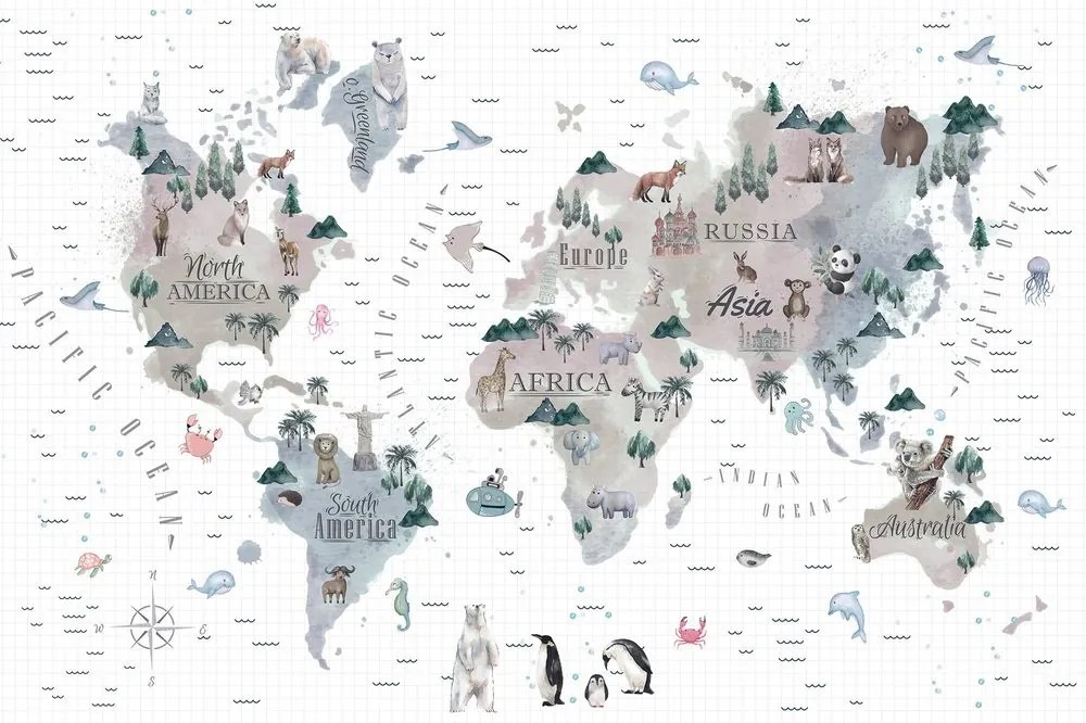 Samolepiaca tapeta minimalistická mapa so zvieratkami - 375x250