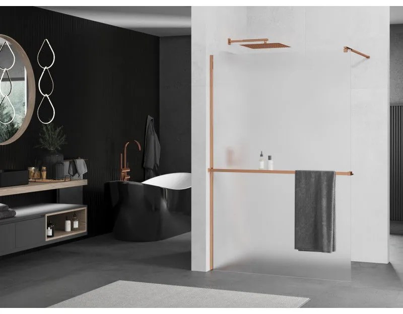 Mexen Kioto, sprchová zástena s poličkou a držiakom na uteráky 80 x 200 cm, 8mm sklo námraza, profil ružové zlato, 800-080-121-60-30