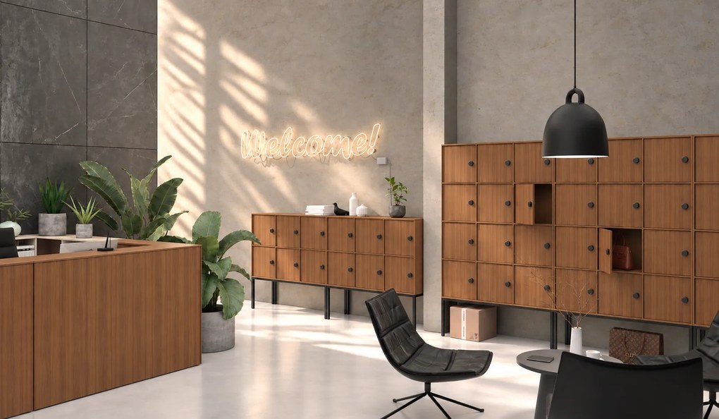 Kancelárska skriňa FRAME, nízka, biela podnož, 6x dvere, 1299 x 450 x 1331 mm, RFID zámok, orech