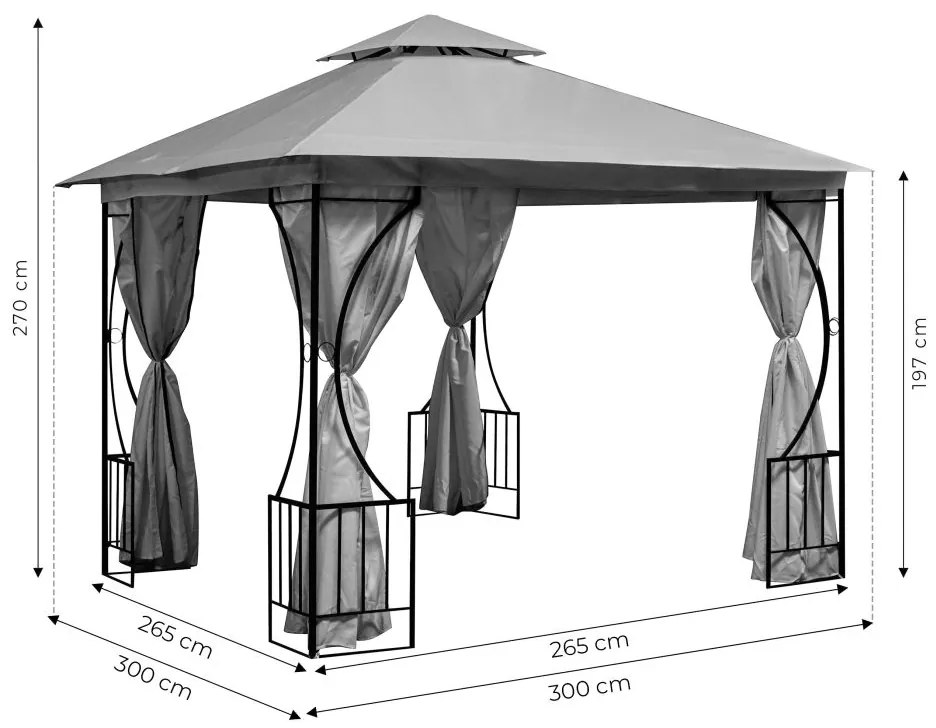 Luxusný záhradný pavilón 3x3x2,8 m - sivý - moskytiéra + plné steny