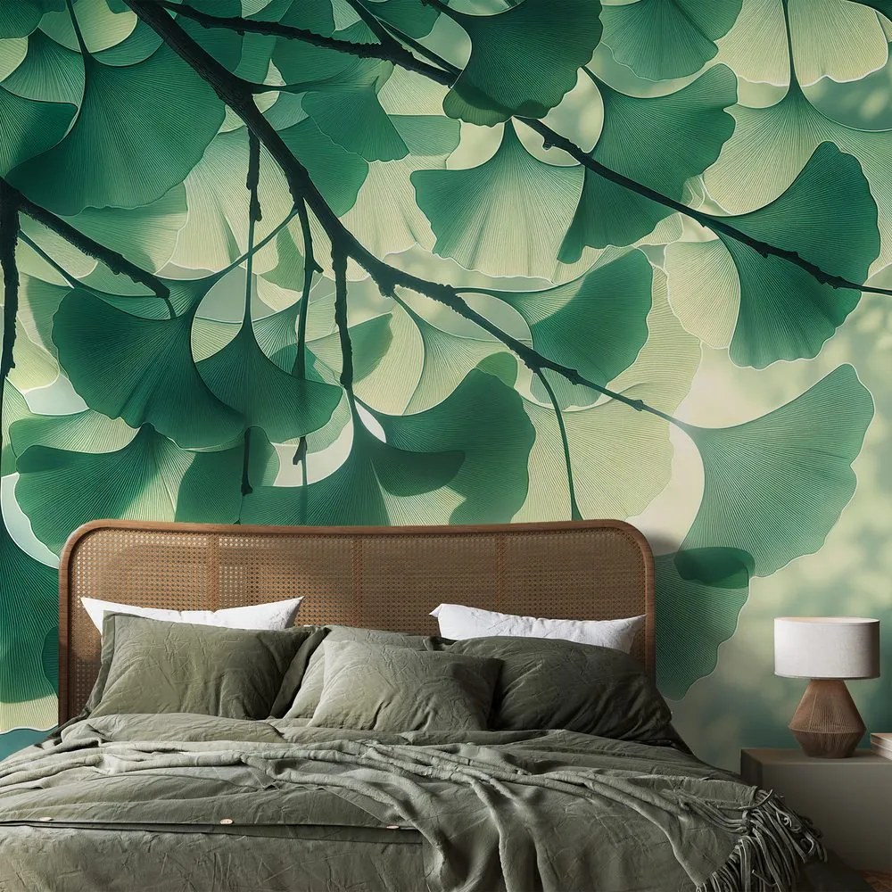 Tapeta zelené listy ginka v žiare svetla