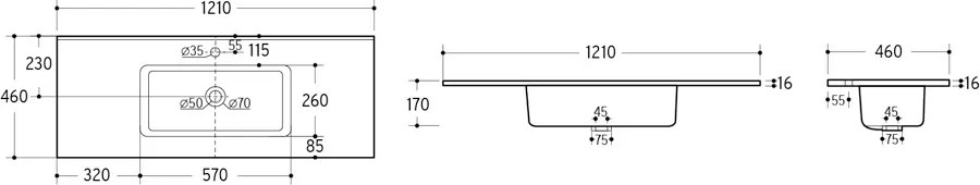 Comad Nábytkové keramické umývadlo GO 120/DP-8095, 121x46 cm, biela lesklá