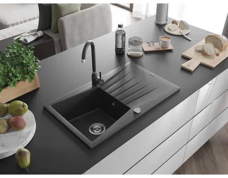 Mexen Cesar, 1-komorový granitový drez s odkvapkávačom 78x47 cm a kuchynskou batériou Telma, čierna-škvrnitá, 6514-76-670200-76