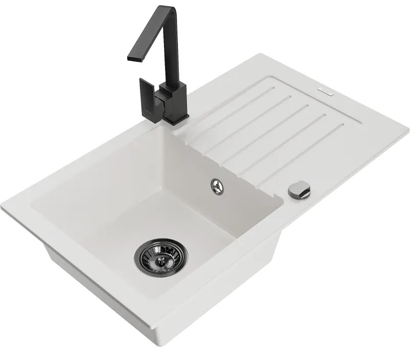 Mexen Pablo, granitový drez 752x436x161 mm, 1-komorový a čierna batéria Rita, biela, 6510-20-670300-70