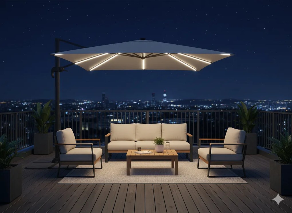 Garden Line 3 x 3 m sivý záhradný slnečník „ROMA“ s LED krytom