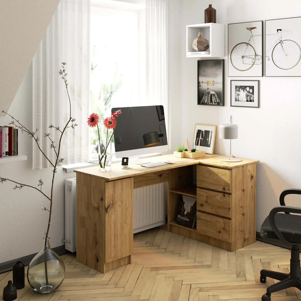 Rohový PC stolík Bevin (dub artisan) (P). Akcia -20%. Vlastná spoľahlivá doprava až k Vám domov. 1070970