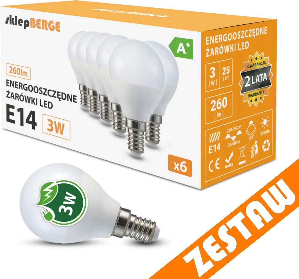SADA 6x LED žiarovka E14 G45 3W guľová 270lm - studená biela