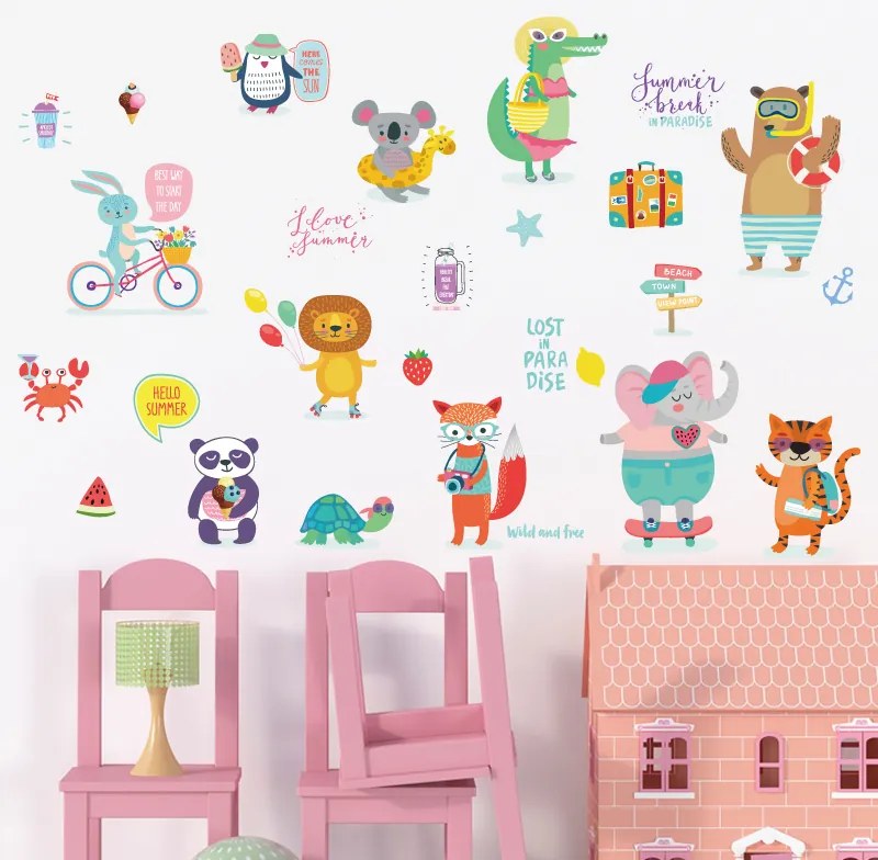 Samolepka na stenu "Zvieratká na dovolenke" 49x72 cm