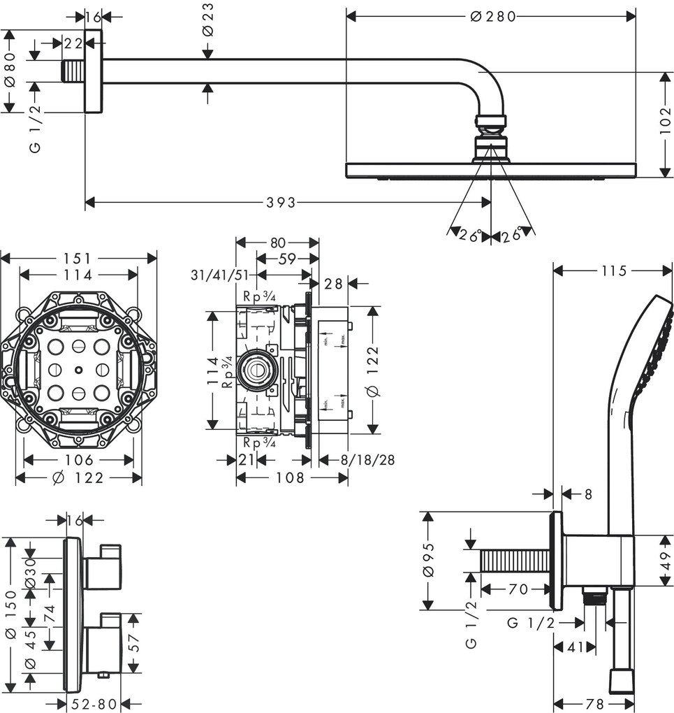 Hansgrohe Croma, sprchový systém 280 1jet s termostatom Ecostat S, chrómová, HAN-27954000