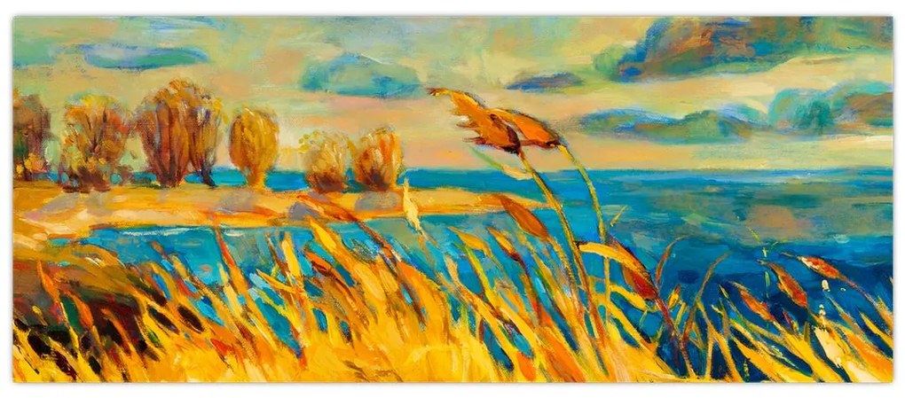 Obraz - Západajúce slnko nad jazerom, akrylová maľba (120x50 cm)