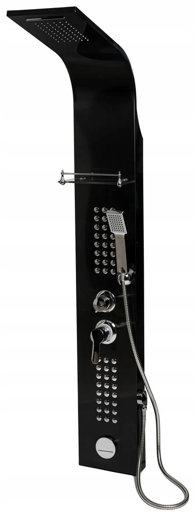 Sprchový rohový panel PIOGGIA 5v1 - s výtokom do vane a policou - čierny matný