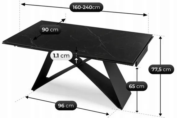 Rozkladací stôl ROCCO 160–240 cm čierny mramor / Čierna