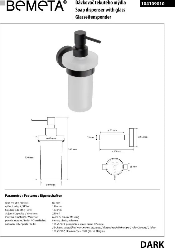 Bemeta Design DARK: Dávkovač mydla, 230 ml - 104109010