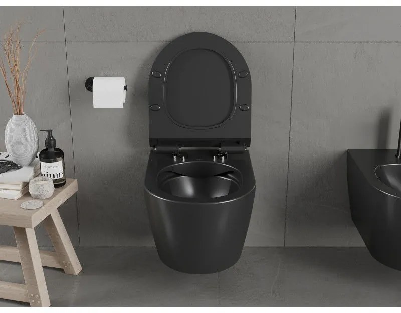 Mexen Carmen závesné wc Rimless s toaletným Slim sedátkom z duroplastu, čierna matná - 30880185