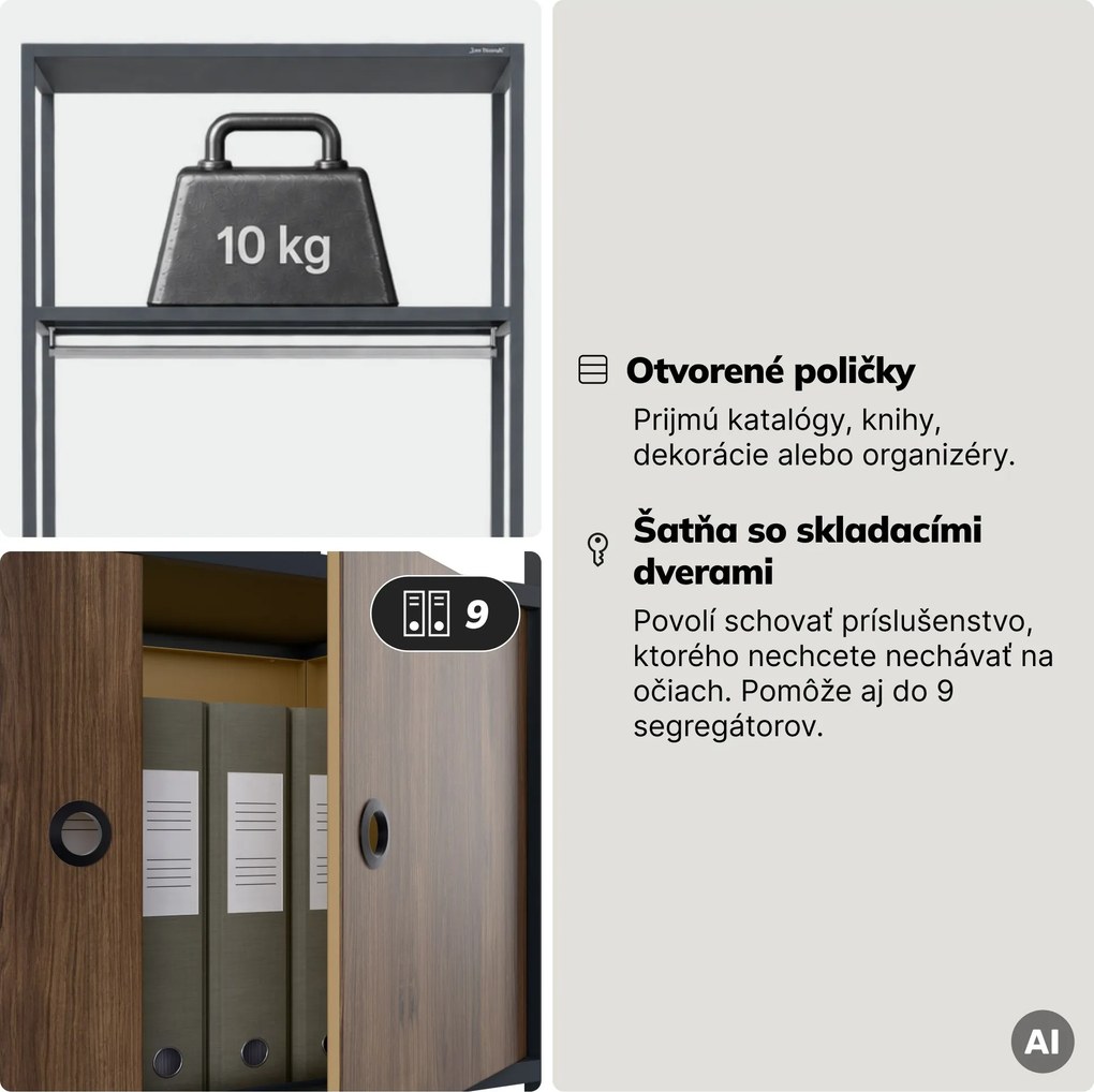Kancelársky regál otvorený s tyčou na oblečenie, do recepcie a čakárne, kovový, antracitový/orech, 800x2200x400 mm: ARIEL Eco Design