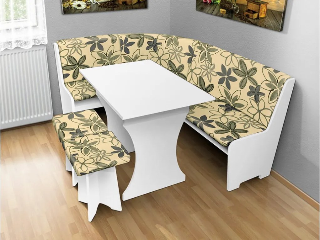 Nabytekmorava Jedálenská rohová lavica sa štokrlemi a stolom farba lamina: biela 113, čalúnenie vo farbe: Alova šedá