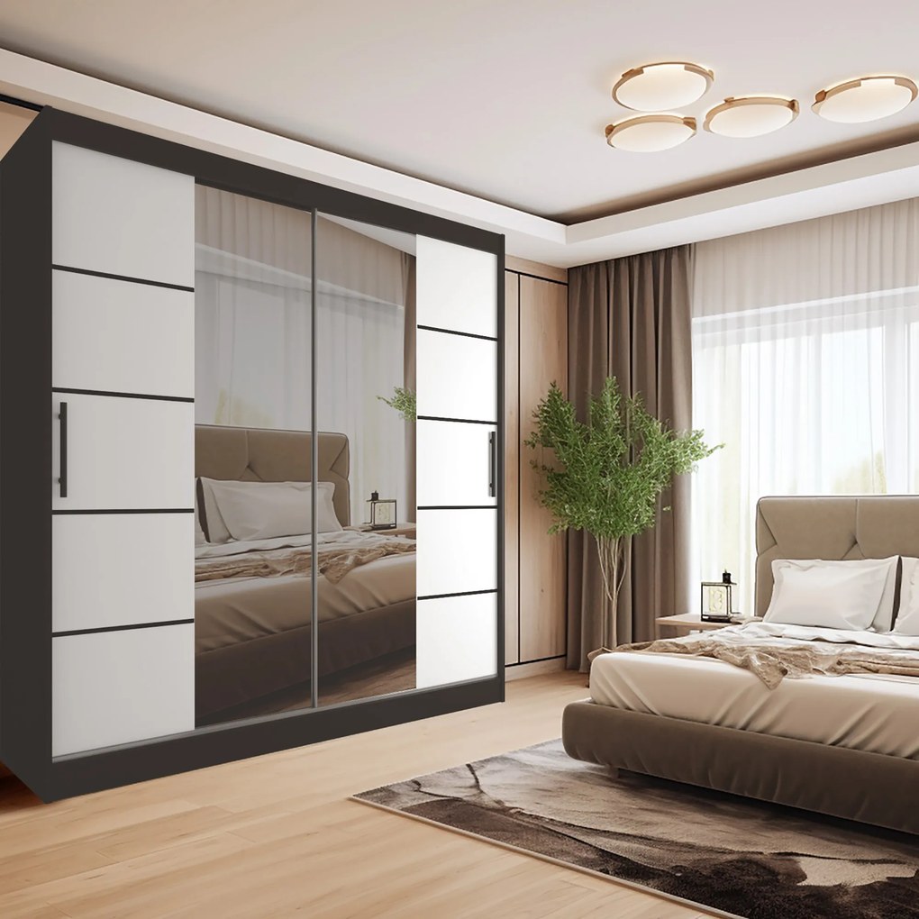 Šatníková skriňa 200 cm Belini čierny mat / biely mat s posuvnými dverami zrkadlom a zásuvkami  ME SZP5/1/B/W/0/KLP