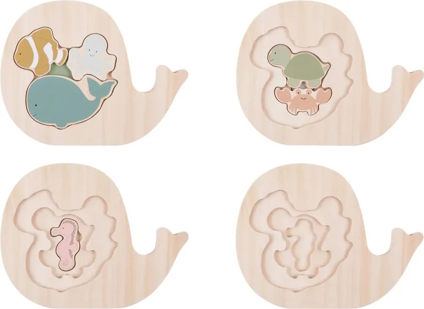 Jabadabado Drevené vrstvené safari puzzle – 6 tvarovaných figúrok, pre batoľatá 18m+, koral