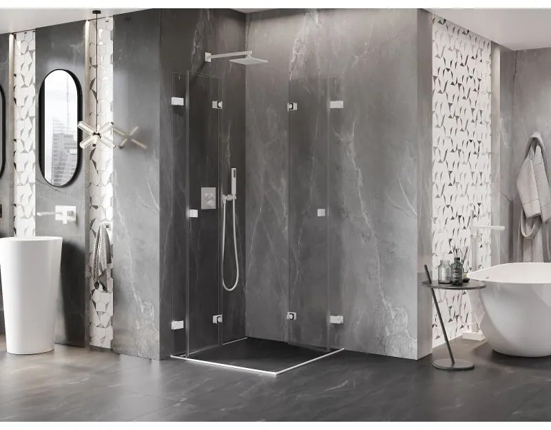 Mexen Lunar-F Duo, skladací sprchový kút 85 x 85 cm, 8mm číre sklo, biely profil, 836-085L-085P-20-00