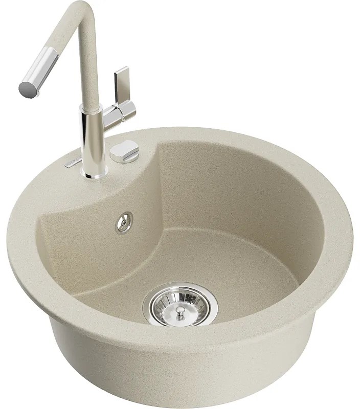 Mexen Diego, 1-komorový granitový drez 488x488x167 mm a drezová batéria Flora, béžová, 6512-69-670401-09
