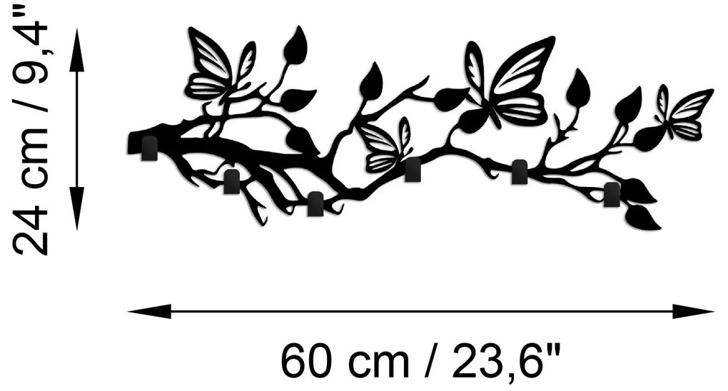 Nástenný kovový vešiak Motýľ 60 cm čierny