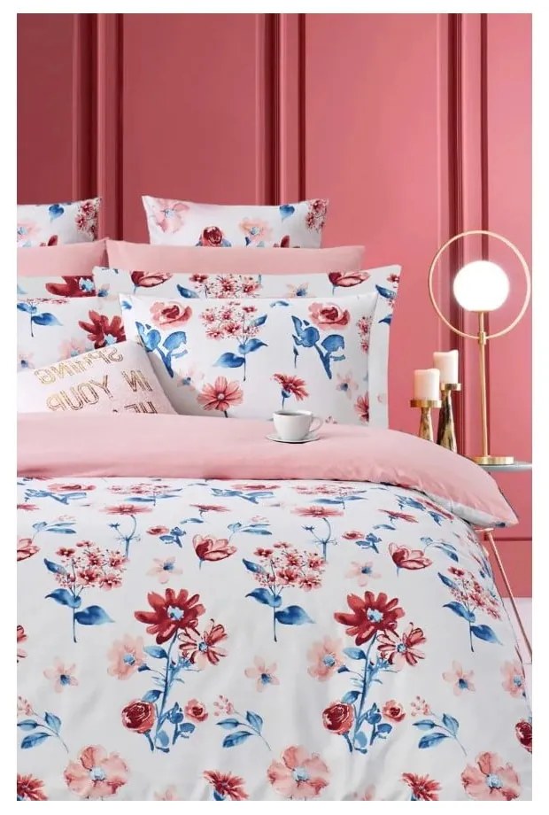 Bielo-ružové predĺžené obliečky na dvojlôžko z bavlny Renforcé s plachtou/4-dielne 200x220 cm – Mila Home