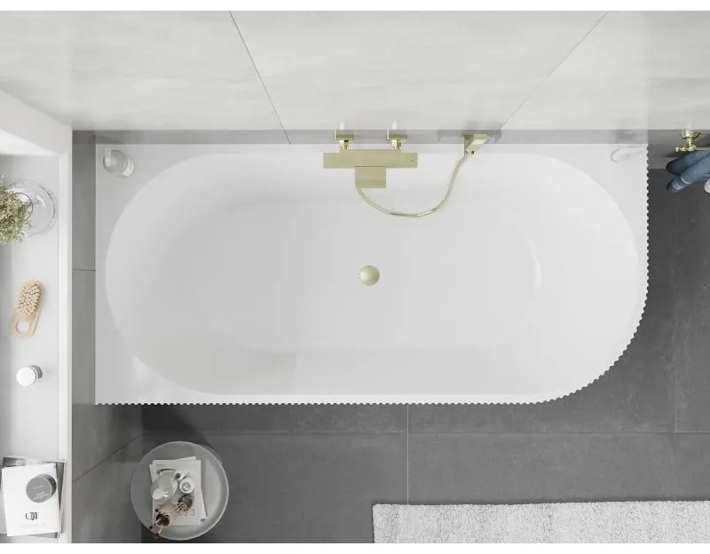 Mexen Silo, rohová voľne stojaca ryhovaná vaňa, ľavá, 170 x 80 cm, biela-čierna, zlatý matný prepad, 52891708075L-55