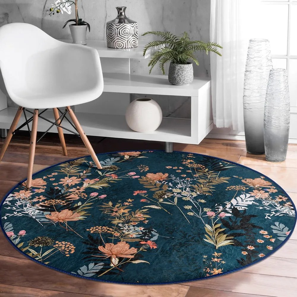 Tmavomodrý prateľný okrúhly koberec vhodný pre robotické vysávače ø 120 cm Comfort – Mila Home