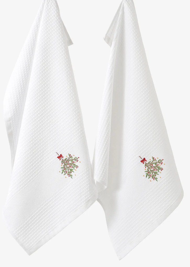 Goldea vianočná kuchynská vaflová utierka s výšivkou - imelo na bielom 50 x 70 cm