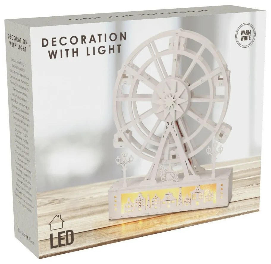 Vianočné svietiace otočné koleso Mestečko, 26,5 x 5,5 x 20 cm, 4x LED, drevo