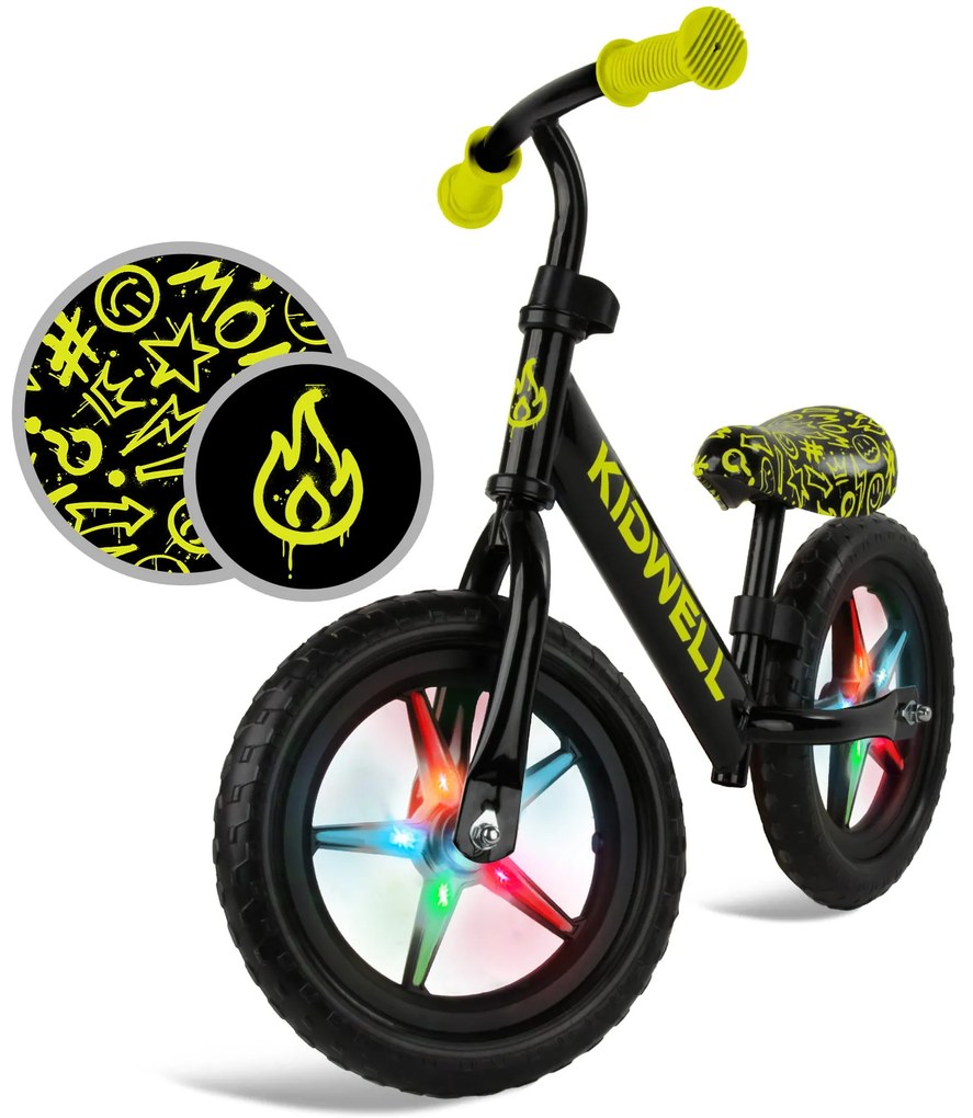 Kidwell Rebel LED balančný bicykel pre deti – LED ráfiky, EVA kolesá 28 cm, bez batérií