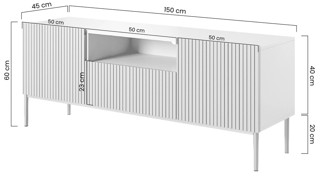 TV stolík Nicole 150 cm s otvorenou policou - biely mat / zlaté nožičky