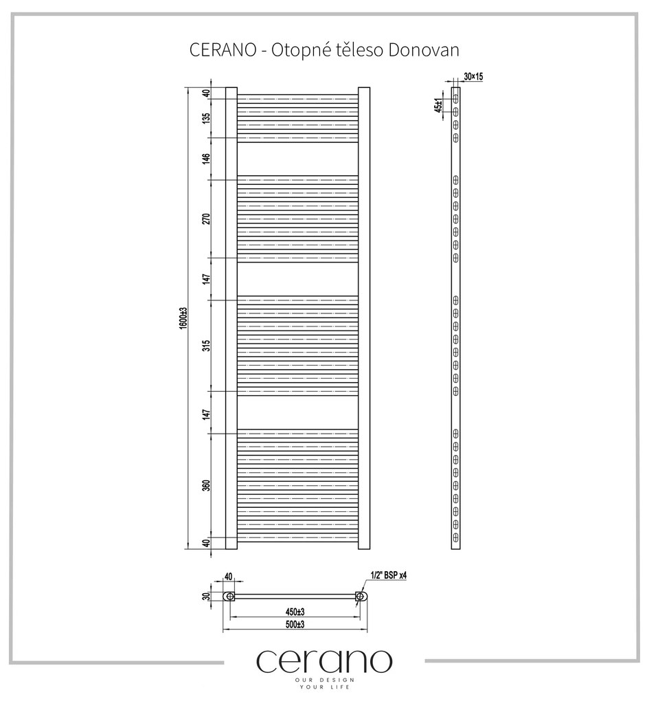 Cerano Donovan, vykurovacie teleso 1600x500mm, 477W, rozteč pripojenia 450 mm, čierna matná, CER-CER-429613